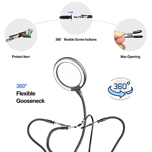 Loupe avec lumière à souder à la troisième main -Grossissement 3X -Lumière du jour -Avec lumière -Avec 28 LED à intensité variable-Base robuste-4 bras flexibles - Pour bricoler, souder, loisirs