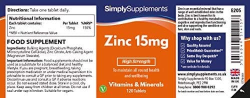 Zinc 15mg - 120 Comprimés - Adapté aux Végétariens – Jusqu’à 4 mois de Bienfaits - SimplySupplements