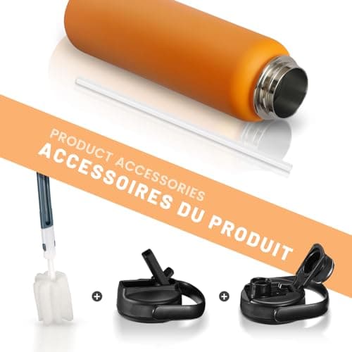 Fjbottle Gourde en acier inoxydable avec paille 950 ml/1200 ml, 2 couvercles sans BPA, Bouteille d'eau anti-fuite – Bouteille isotherme pour le sport, le vélo, l'école, le fitness