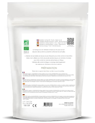 Herbes du Monde - Moringa BIO de qualité supérieur - Moringa oleifera Organic - Complément alimentaire en poudre Riche en Vitamine C - Nutrition Naturelle - 1 sachet de 100g Certifiée AB