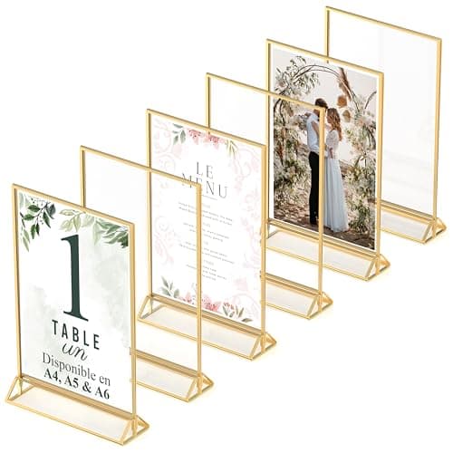 Dasher Products Cadres Photos Dorés Double Face - Pack de 6 - Porte-numéros de table dorés en acrylique, chevalets de table transparents pour affiche, porte-menus, cadres photos (A4)