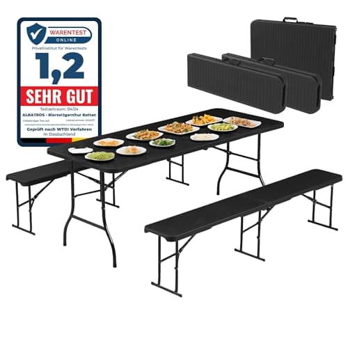 Albatros - Ensemble de 2 bancs et 1 table à bière en rotin - Robuste - Pliable et grande capacité de charge - Ensemble de 2 bancs et 1 table à bière pour jusqu'à 10 personnes