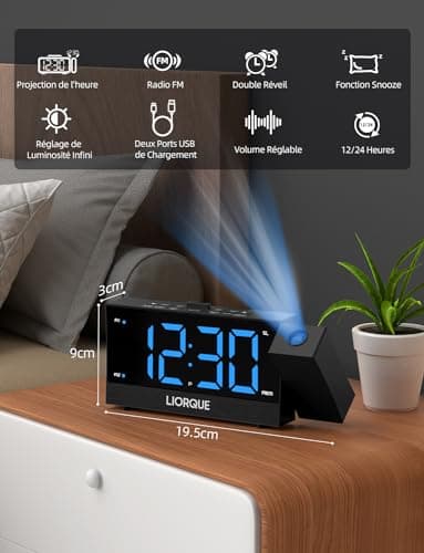 LIORQUE Radio Reveil Projection Plafond, Reveil Projecteur Plafond avec Double Alarme, Radio Réveil avec Grand Écran, Snooze, Réglage de Luminosité Infini, 2 Ports de Chargement USB