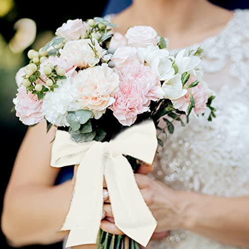cobee Lot de 2 rouleaux de rubans en mousseline de soie faits à la main avec franges effilochées Ruban bohème pour emballage cadeau, invitations de mariage, arrangement floral -Blanc -3,8 cm x 4,9 m