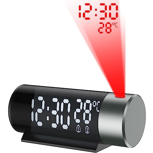 YUNYODA Reveil Projecteur Plafond, Horloge Digitale Projecteur 180°,Réveil Projection avec Température, Snooze, Mode Nuit, Affichage 12H/24H,Luminosité Réglable, Horloge Numérique pour Chambre, Bureau