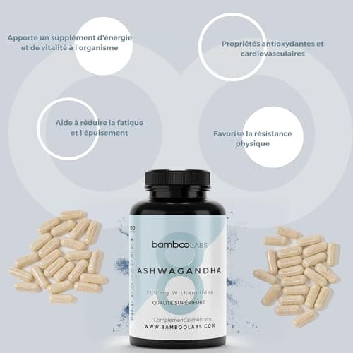 Bamboo Labs - Ashwagandha avec Extrait Sec de Withania Somnifera, Favorise l'Apparition du Sommeil, le Bien-être Intellectuel et Physique, 180 Gélules d'Aswaghanda Pendant 6 Mois.