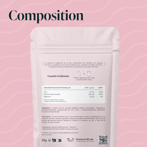 Biotine avec Sélénium et Zinc, Accélère la Pousse des Cheveux, Cure de 2 mois, 60 Gélules Végétales, Complément Alimentaire de Vitamine B8, Fabriqué en France, Essentials by Novoma