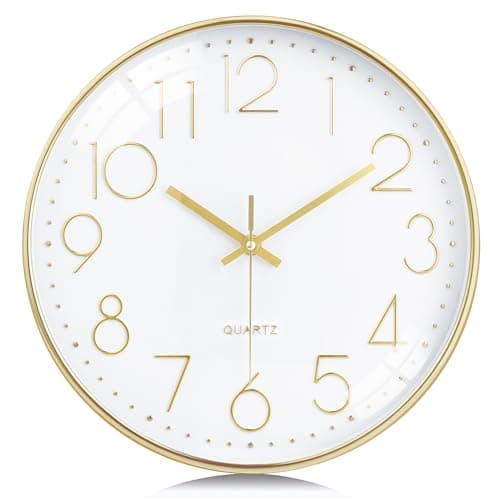 Lafocuse Horloge Murale Or Moderne Silencieuse 30cm, Chiffres 3D Pendule Murale Facile à Lire, Quartz sans Tic-tac Déco pour Salon Chambre Bureau Cuisine