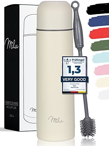 Milu Bouteille isotherme en acier inoxydable - 1L, 750ml, 500ml - Thermo Double Paroi, Sans BPA, Transport Café, Thé, Eau (Buttercream, 1000 ml)