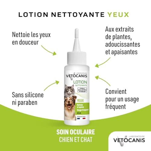 Vetocanis | Gouttes Yeux Chien et Chat 60ml | Hygiène du Chien et du Chat Toutes Tailles et Tous Âges | Lotion pour Yeux Hydratante , Blanc (L'emballage peut varier)