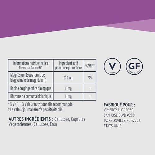 Vimergy Magnésium Glycinate – 150 Portions – Soutien Énergétique et Réduction de la Fatigue – Complément de Magnésium Doux pour les Intestins - Curcuma et Gingembre – Sans Gluten Céto/Paléo sans OGM