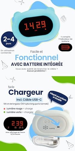 Kadoing® Réveil Enfant Ours - avec Expressions Visages et Fonction de Tapotement - Lumière de Réveil - Entraîneur de Sommeil - Veilleuse - Réveil Jouet Numérique