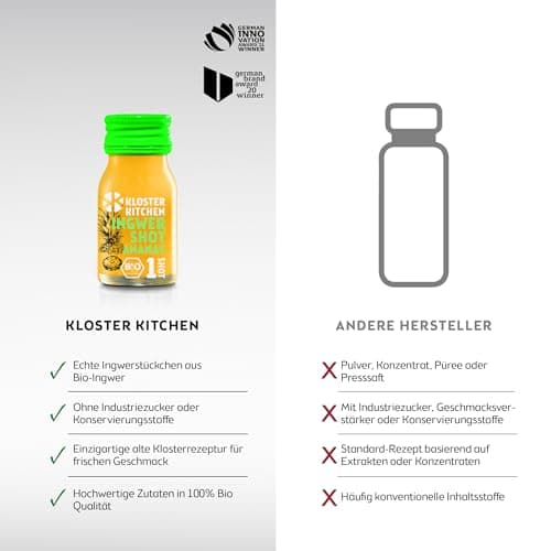 Kloster Kitchen Lot de 14 shots de gingembre bio - 1SHOT - 14 x 30 ml - Avec véritables morceaux de gingembre - Végétalien dans une bouteille en verre à emporter - Doux et épicé - Sans additifs et