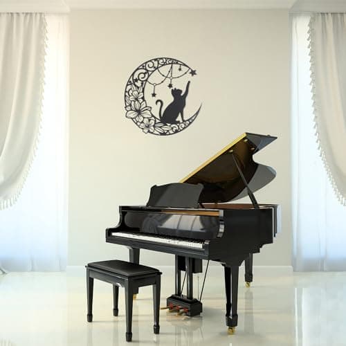 momgyaamz 11,8" Art Mural Noir en Métal, Chat qui choisit des étoiles sur la lune Décoration Murale Ronde Silhouette Art, pour Cadeau intérieures et extérieures Jardin Maison Décoration(30x30cm)