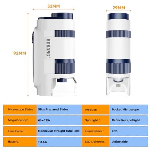 BEBANG Microscope pour Enfants, Mini Microscope 60x-135x, Microscope Portable de Laboratoire avec lumières LED Ajustables, Microscope à Main de Poche et Adultes Observation microbiologique