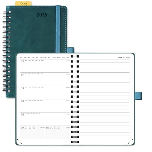 POPRUN Agenda de Poche 2025 Semainier et Carnet de Notes 16 x 10,5 cm - Couverture Spirale en Cuir A6 petite Planner, D'Jan 2025 à Déc 2025, Règle signet, Papier 100 g/m2, Pétrole Vert-PTL