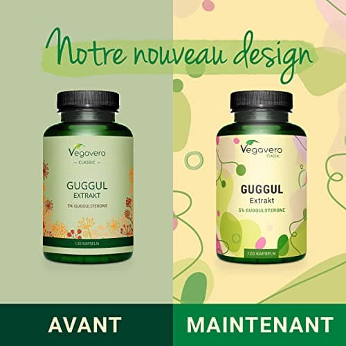 Guggul PREMIUM Vegavero® | 120 Gelules (4 mois) | 5% de Guggulstérones | Cholesterol + Antioxydant Puissant l DOSE LA PLUS ELEVEE: 500 mg d'Extrait par Gélule | Sans Additifs et VEGAN