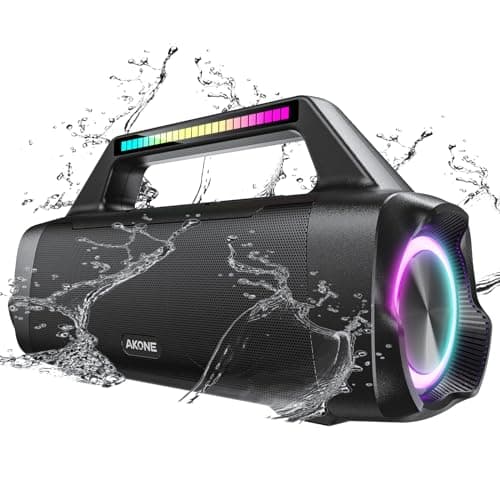 AKONE Enceinte Bluetooth Puissante, 80W Haut Parleur Bluetooth Basses Renforcées avec lumière, Double Appairage Stéréo Enceinte Portable, IP67 Étanche pour Extérieur,Fêtes,Plage,Camping