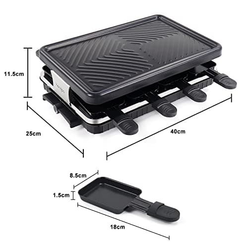Appareil à Raclette per 8 Persone Grill Électrique de Table Plaque de Cuisson Portatile Grillles Barbecue Machine con 8 Mini Poëlons e 4 Spatole in Legno Plancha Grille Paques Electrique 1300W