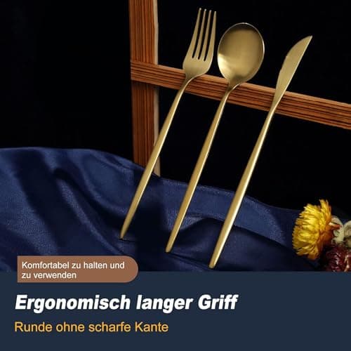 Bestdin set couverts de table 6 personnes dorés, ensemble de couverts inox 24 pièces, Comprend des couteaux/fourchettes/cuillères, fini mat et lavable au lave-vaisselle, facile à nettoyer