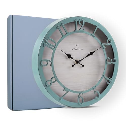Lafocuse 30cm Horloge Murale Chiffres 3D Vintage, Silencieuse Pendule Murale Rustique Retro, Vert Shabby Chic Déco sans Tictac pour Salon Cuisine Chambre Bureau