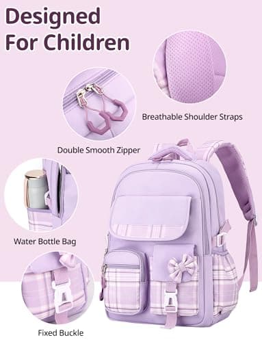 Adigau Sac à Dos Kawaii pour L'école Multipoches Grande Capacité Sacs à Livres Réglable Imperméable Étudiant Cartable Violet