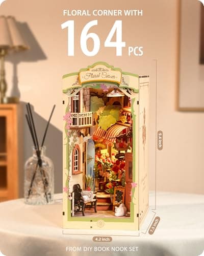 Rolife Book Nook Coin des Fleurs Booknook avec Lumière LED Kit Maisons de Poupées DIY Maison Miniature Puzzle en Bois 3D pour Adultes Bibliothèque Décoration Cadeau d'anniversaire