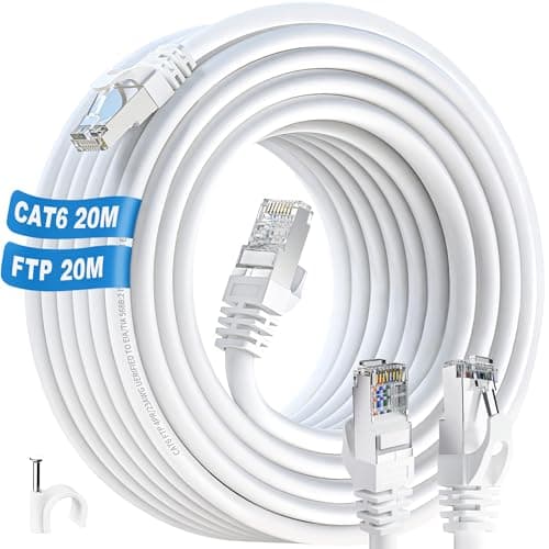 ikbc Cable Ethernet 20m, Cable RJ45 Cat 6 20m FTP Blindé Câble Réseau 1000Mbps, Câble Internet Gigabit RJ45 20 mètres Extérieur Anti-interference LAN Câble Patch Blanc pour Router (20 Clips)