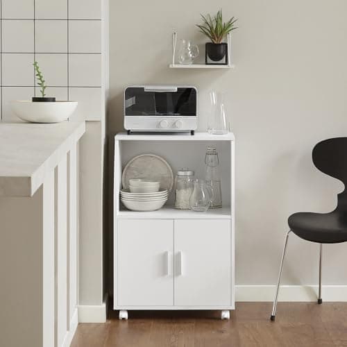 SoBuy Desserte, Micro-Onde à roulettes, Meuble de Rangement Cuisine, Chariot, Commode, Étagère de Micro-Ondes, Meuble Four, pour Salle à Manger, Cuisine, Salon, Blanc, L55xP38xH34 cm, FRG241-W