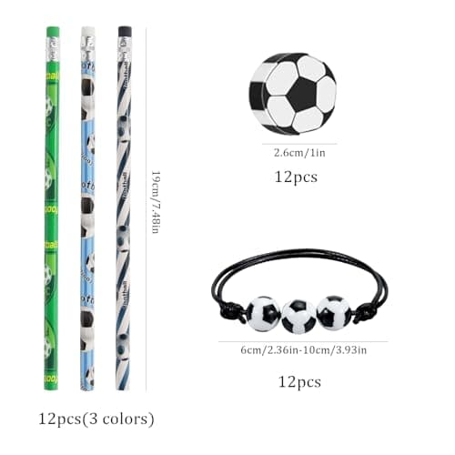 XIAQICA 12 Crayons de Football avec Gomme+ 12 Gommes de Football en Plastique + 12 Bracelet Tressé Football Réglable Ensemble Papeterie Football Enfant Remplisseurs de Sacs de Fête de Football