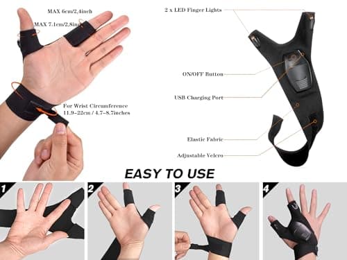 LANANUVO Gants Pêche LED USB Rechargeable Lumières Étanches, Cadeau Homme, Idee Cadeau Homme Noel, Gants de Travail sans Doigts Lumière Puissante, Cadeau Papa d'anniversaire, Gadget Insolite Utile
