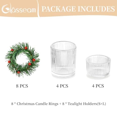 Glasseam Porte-Bougies à RéChaud avec Anneaux De Bougie Couronnes : Supports De Bougie Votive NervuréS, Lot De 8, Mini Support De Bougie en Verre avec Couronne d'halloween, Support De Bougie De NoëL