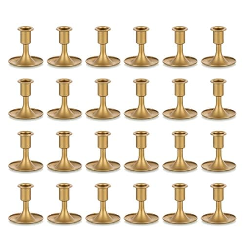 Romadedi Chandelier Bougeoir Doré Mariage - Lot de 24 Petite Bougeoirs Métal Décoratifs pour Bougie Coniques Noel Decoration Maison L’Avent Centre de Table Rétro