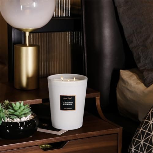 HomeLights Bougies parfumées en pot, bougies de soja naturel, 3 mèches en coton, sans fumée, longue durée de 130 heures, Lin propre et sel de mer