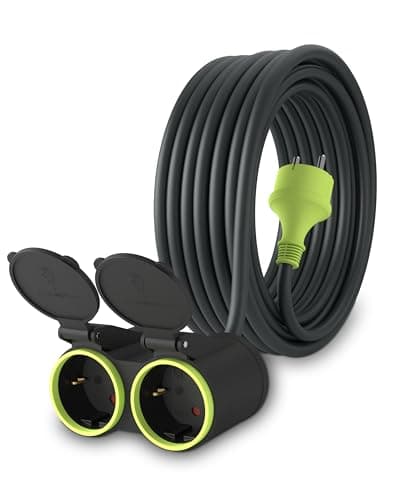 MutecPower 10m Rallonge avec 2 Prises Schuko pour Usage extérieur Câble étanche IP44 H05RR-F3G 1,5 mm2 Double rallonge 2 Prises Prolongateur électrique pour l'extérieur à 2 Voies 10 mètres Noir/Vert