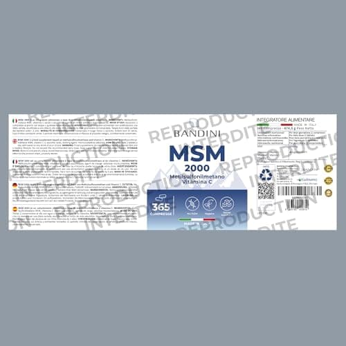 Bandini® MSM 2000 mg + Vitamine C | 365 Comprimés 100% Végan de Méthylsulfonylméthane | Complexe pour les Os, Articulations, Cheveux, Peau & Système Immunitaire | Soufre Complément Alimentaire Naturel