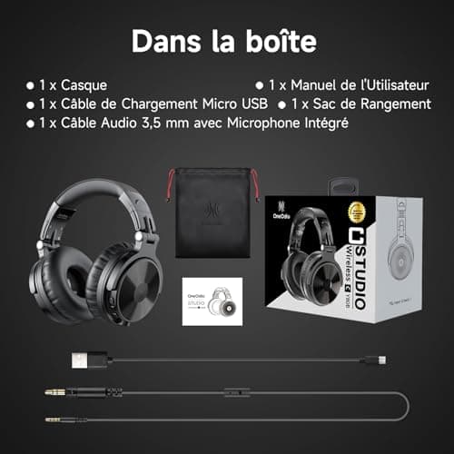 OneOdio ProC Bluetooth Casque sans Fil et Mode Filaire, 110 Heures d'utilisation,Casque Audio avec Micro, Hi-RES Audio, Coussinets en Protéines Douces, Extra Basses, Confortable Léger Pliable Noir