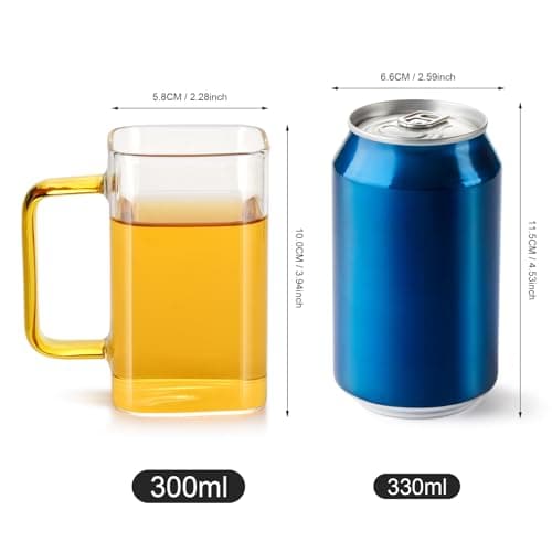 QHYK Verres transparents, Lot de 6 tasses, Verres à bouche carrée avec poignées colorées, 300ml, Parfaites pour à thé, jus, café, boisson, usage quotidien ou fête, restaurant, mariages