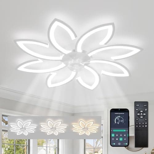 Lustre Ventilateur de Plafond, Ventilateur Plafond avec Lumiere Silencieux, Plafonnier Ventilateur Fleur Design Moderne, Dimmable, Fonction Mémoire, 6 Vitesses, Moteur DC, Réversible Eté Hiver, Bianco