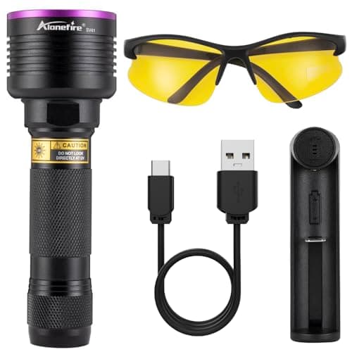 Alonefire SV41 10W Lampe Torche UV LED 395nm Rechargeable Lampe Ultraviolet Lumiere Noire Détecteur D'urine pour Resine, Pêche, Scorpion, Minéraux avec Lunettes de Protection UV, Chargeur, Batterie