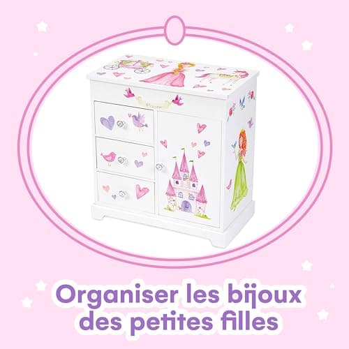 Jewelkeeper - boîte à bijoux princesse musicale, boite a bijoux musicale princesse fille avec 3 tiroirs de rangement, licorne et château au royaume des fées - mélodie danse de la fée dragée