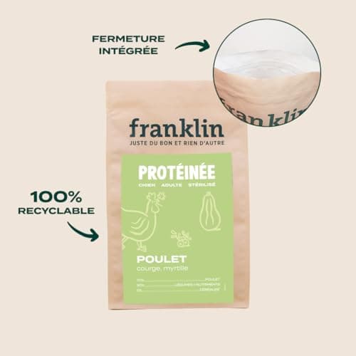 FRANKLIN – Croquettes Chien Stérilisé – 70% Poulet – sans Céréales – 15 kg | Contrôle du Poids – Digestion Facile – Riche en Protéines – Taille 18 mm – Fermeture Intégrée