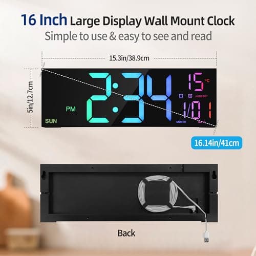 HAITANG Grande Horloge Murale numérique de 16" pour Salon, télécommande, Double Alarme, 8 Couleurs RVB, Grand écran LED, luminosité Automatique, Date, Heure d'été Automatique, température