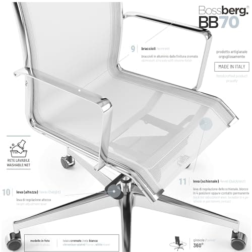 Bossberg BB70 Chaise de Bureau Ergonomique Blanche - Fauteuil Bureau Ergonomique avec Chaise avec Accoudoirs - Chaise Pivotante Design Italien