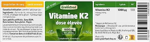 Greenfood Vitamine K2 (MK7, all-trans), 1000 μg, dose élevée, 150 gélules – pour la santé des os et la coagulation du sang. SANS additifs artificiels. Sans organisme génétiquement modifié. Vegan
