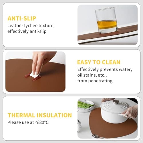 NOSTHEART Set de Table Lavable et Dessous de Verre, Set de Table Rond Cuir, Sets de Table AntidéRapants et ImperméAbles à Double Face - Lot de 8, Noir Marron