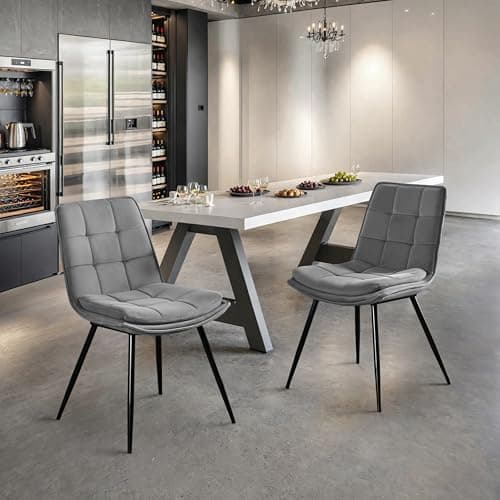 STOOLINK Lot de 2 Chaise Salle à Manger, Chaise de Salle à Manger en Velours, Moderne Chaise de Salle Rembourrée, Chaise de Cuisine sans Accoudoirs Design en Damier pour Cuisine, Salon - Gris