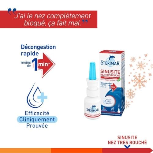 STÉRIMAR Sinusite Nez très Bouché - pompe nasale - Agit en 1mn - 20ml | Formule Hypertonique - Décongestion en 1mn - Eau de mer 100% naturelle, huile essentielle d'eucalyptus et acide Hyaluronique