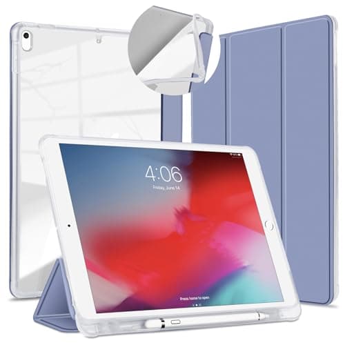 VAGHVEO Coque pour iPad Air 3 2019 avec Pencil Holder, iPad Pro 10,5" 2017 en Cuir PU [Sommeil/Réveil Automatique], Souple TPU de Protection Smart Shell Stand Housse Arrière Translucide, Violet Gris