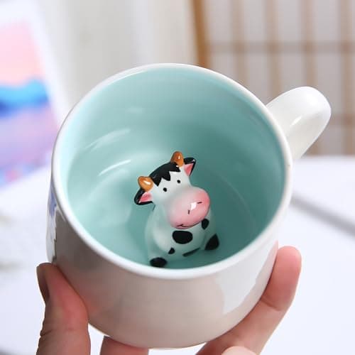 Tasse à café en forme d'animal 3D, 12 oz Figurine de dessin animé amusante faite à la main Tasse à thé au lait, cadeaux d'anniversaire de Noël pour amis enfants filles épouse grand-mère tante (Vache)